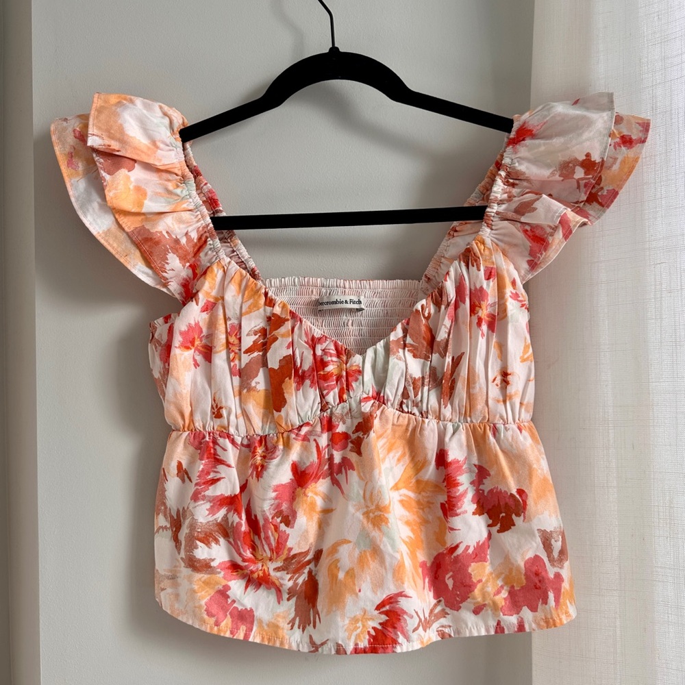 Abercrombie & Fitch Floral Ruffle Blouse - Red, Orange, Cream